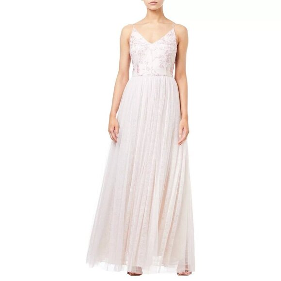 Adrianna Papell Sequin Embroidered Tulle Spaghetti Strap Dress 12 - Picture 1 of 3